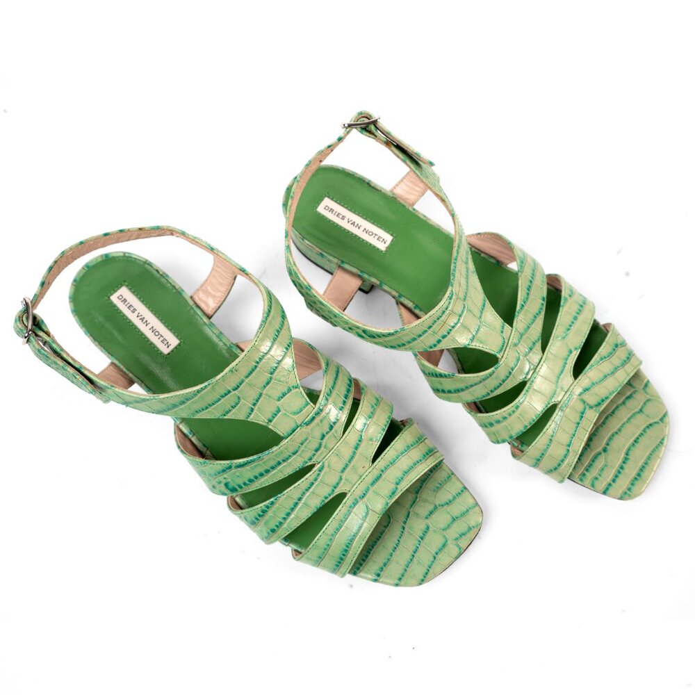 Dries Van Noten Green Embossed Leather Sandals - Size 37